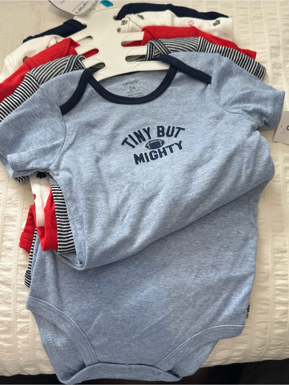 Carter's Light Blue 'Tiny But Mighty' Onesie with Navy Trim